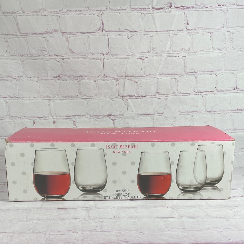 Isaac Mizrahi Merlot Stemless Clear Glass Goblets Boxed Set of 10